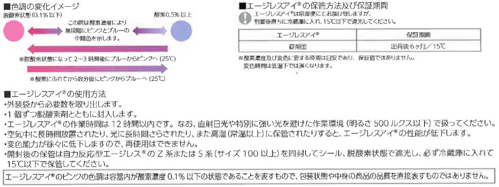 ■　色調の変化イメージ　■　エージレスアイの保管方法及び保証期間　■　エージスアイの使用方法